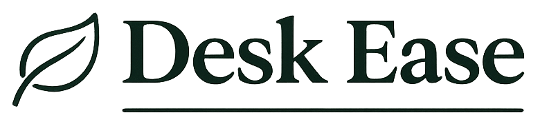 Logo of Desk Ease with a leaf symbol on a white background
